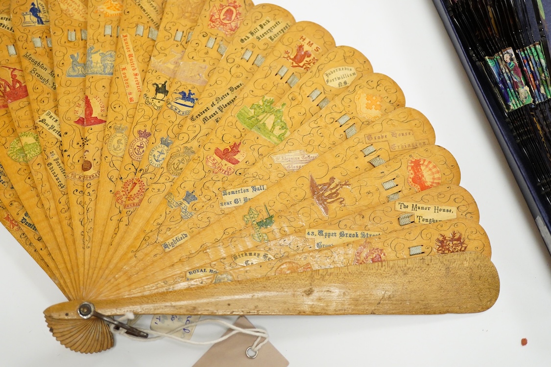 An unusual 19th century Chinese export gilt-decorated tortoiseshell and painted leaf fan, two English fans decorated with paper printed paper crests and a single sided Canton fan leaf lacking sticks, largest 23cm in leng